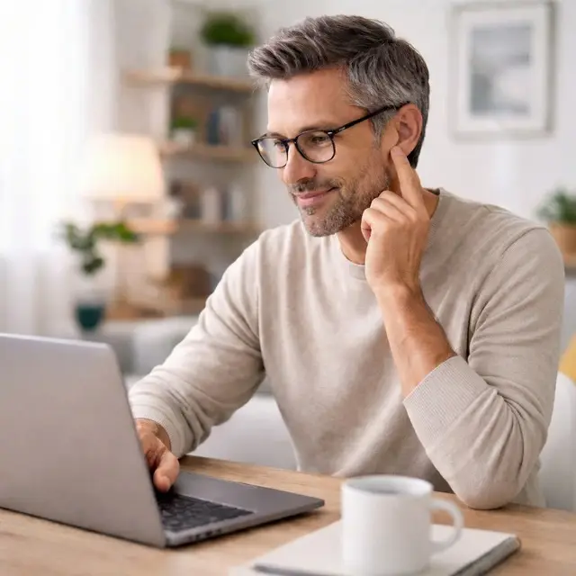 Mann mit unsichtbarem Hörgerät arbeitet am Laptop