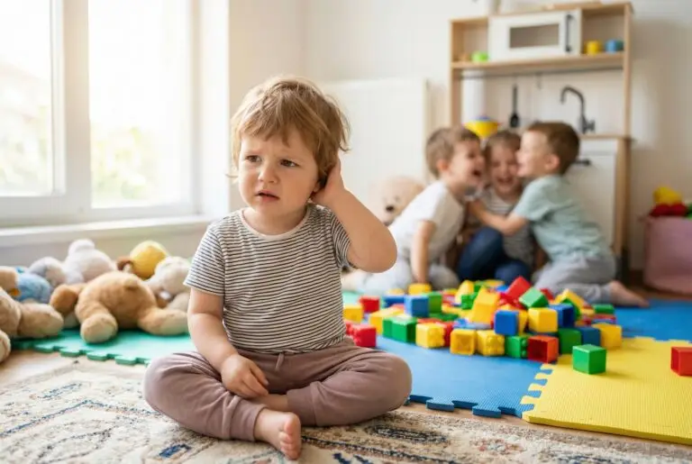 Kleinkind fasst sich ans Ohr – frühes Anzeichen für Schwerhörigkeit bei Kindern