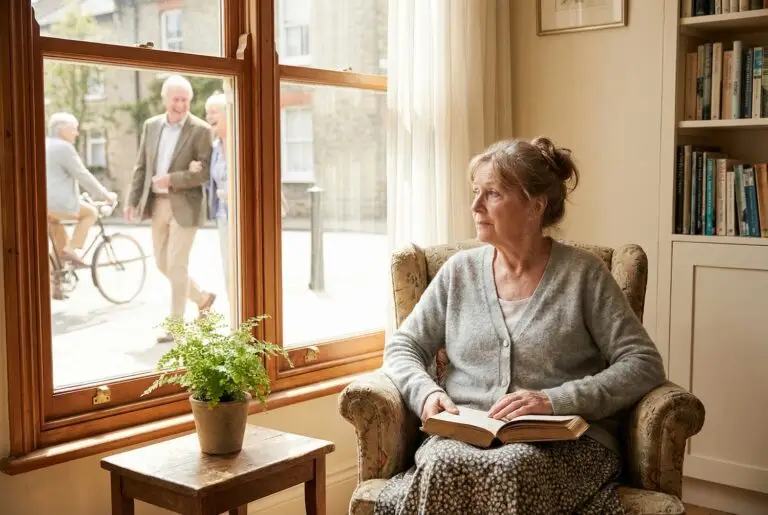 Seniorin sitzt einsam am Fenster – soziale Isolation als Folge von Schwerhörigkeit