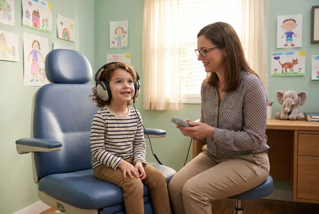 Hörtest bei einem Kind zur Diagnose von Schwerhörigkeit bei Kindern